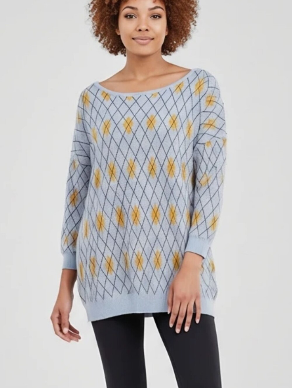 Belldini Women Sweater 2X Powder Blue Argyle Knit Long Sleeve‎ Top Plus Size